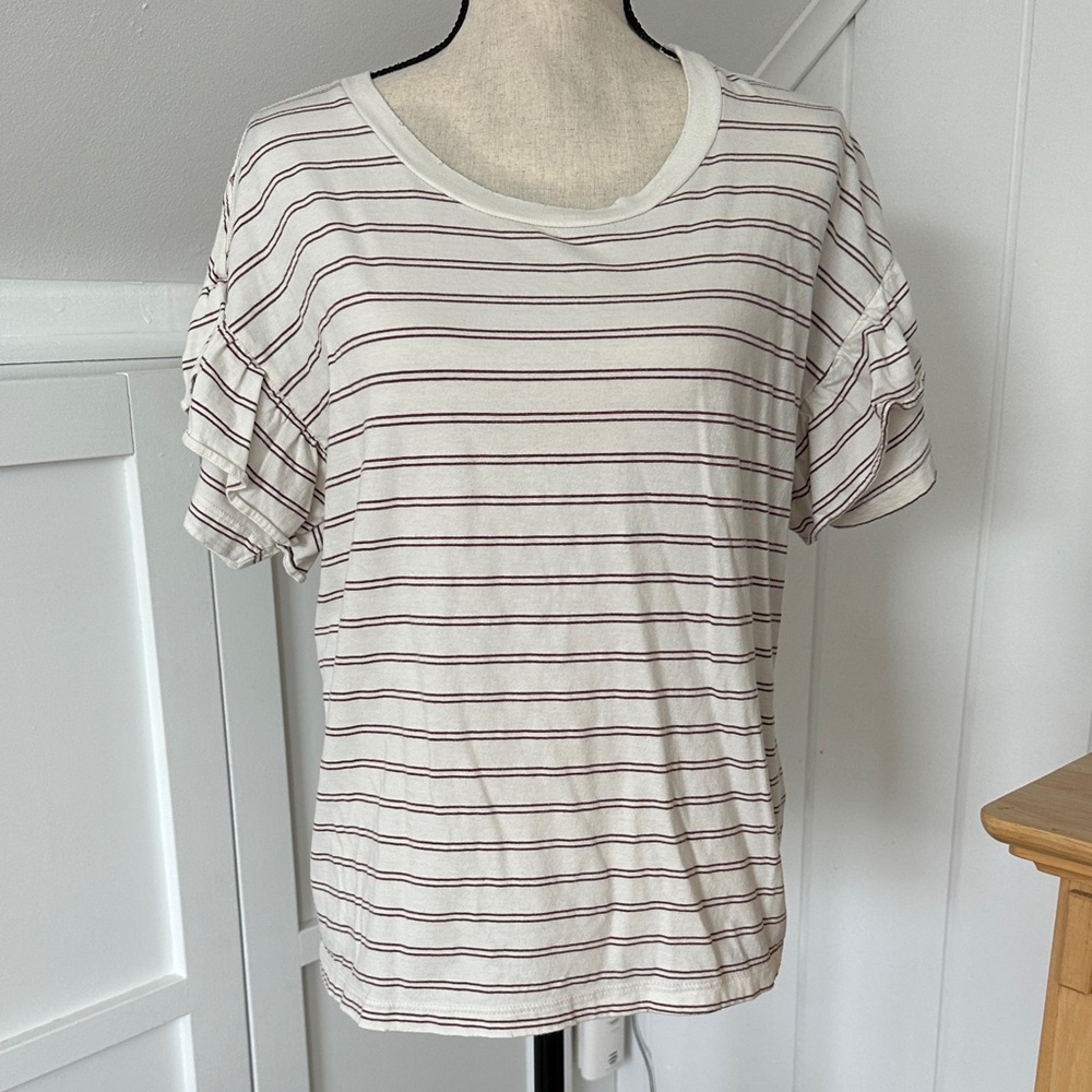 Current/Elliott White and Maroon Striped Short Sleeve Tee with ruffle sleeve